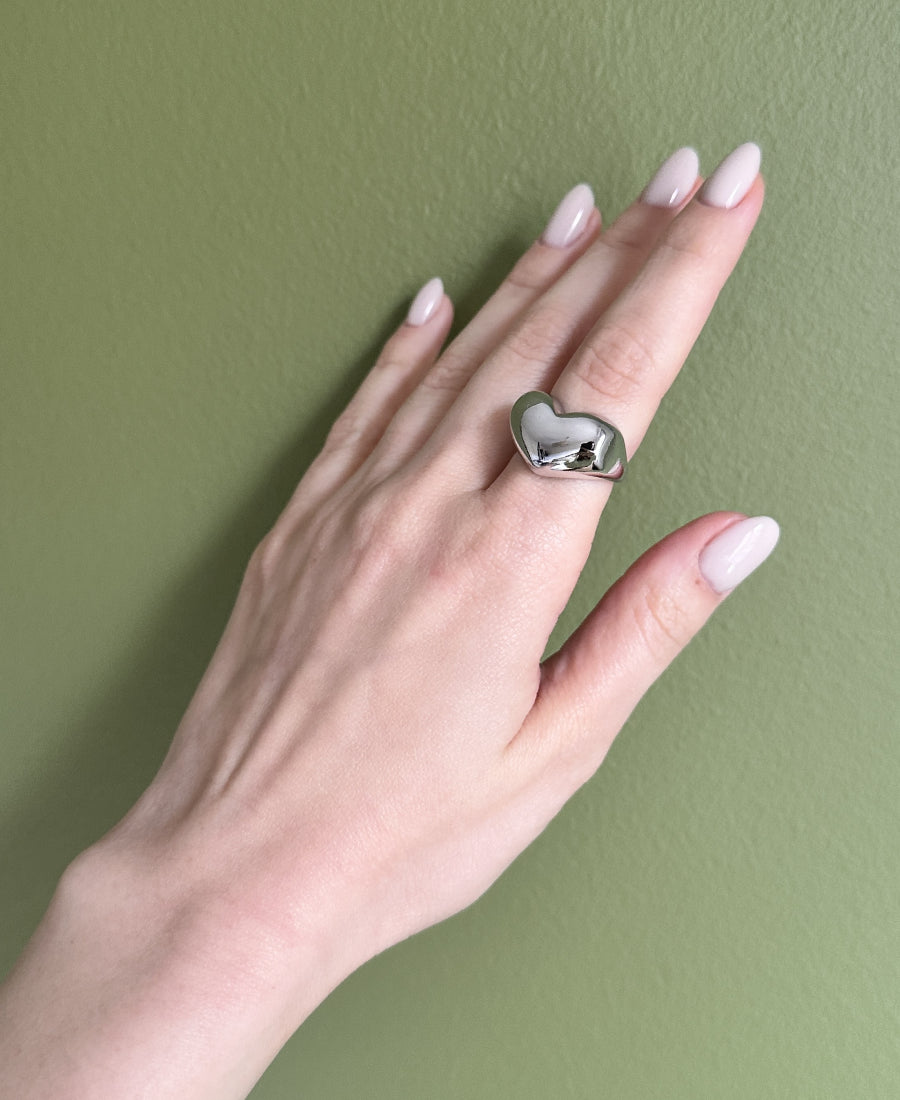 Bague cœur bombée en acier inoxydable - Coeur argenté