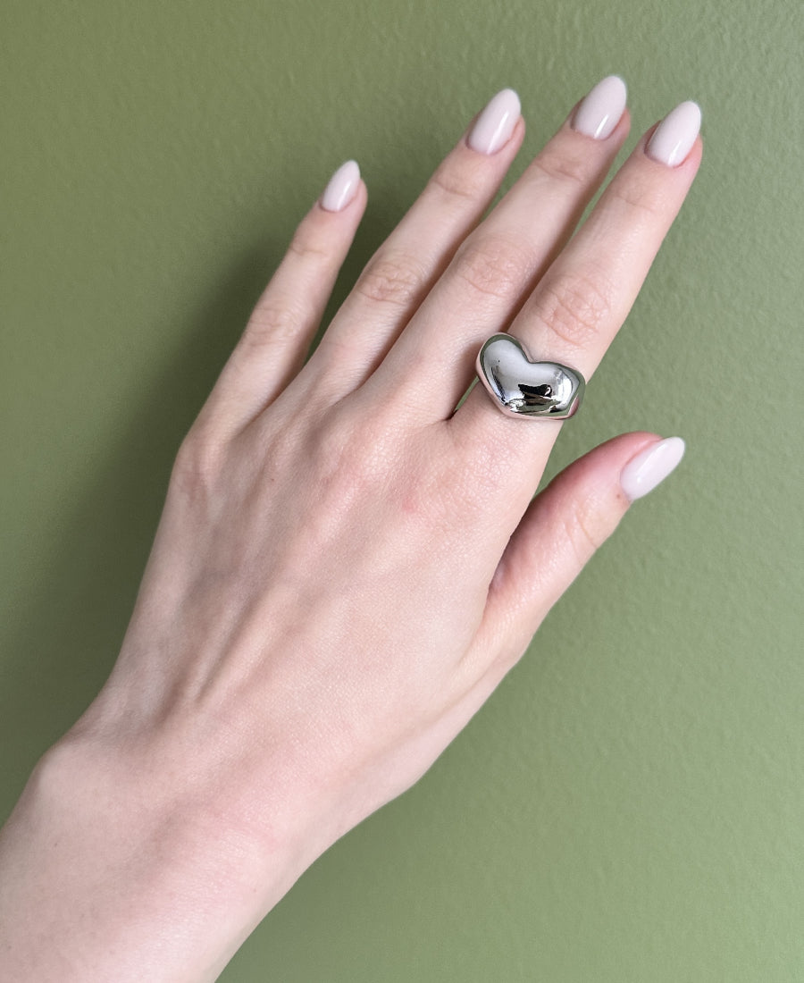 Bague cœur bombée en acier inoxydable - Coeur argenté