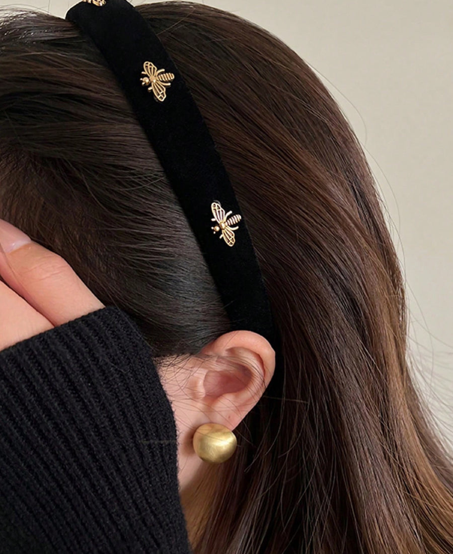 Serre-tête noir en velours avec abeilles dorées – Taille unique
