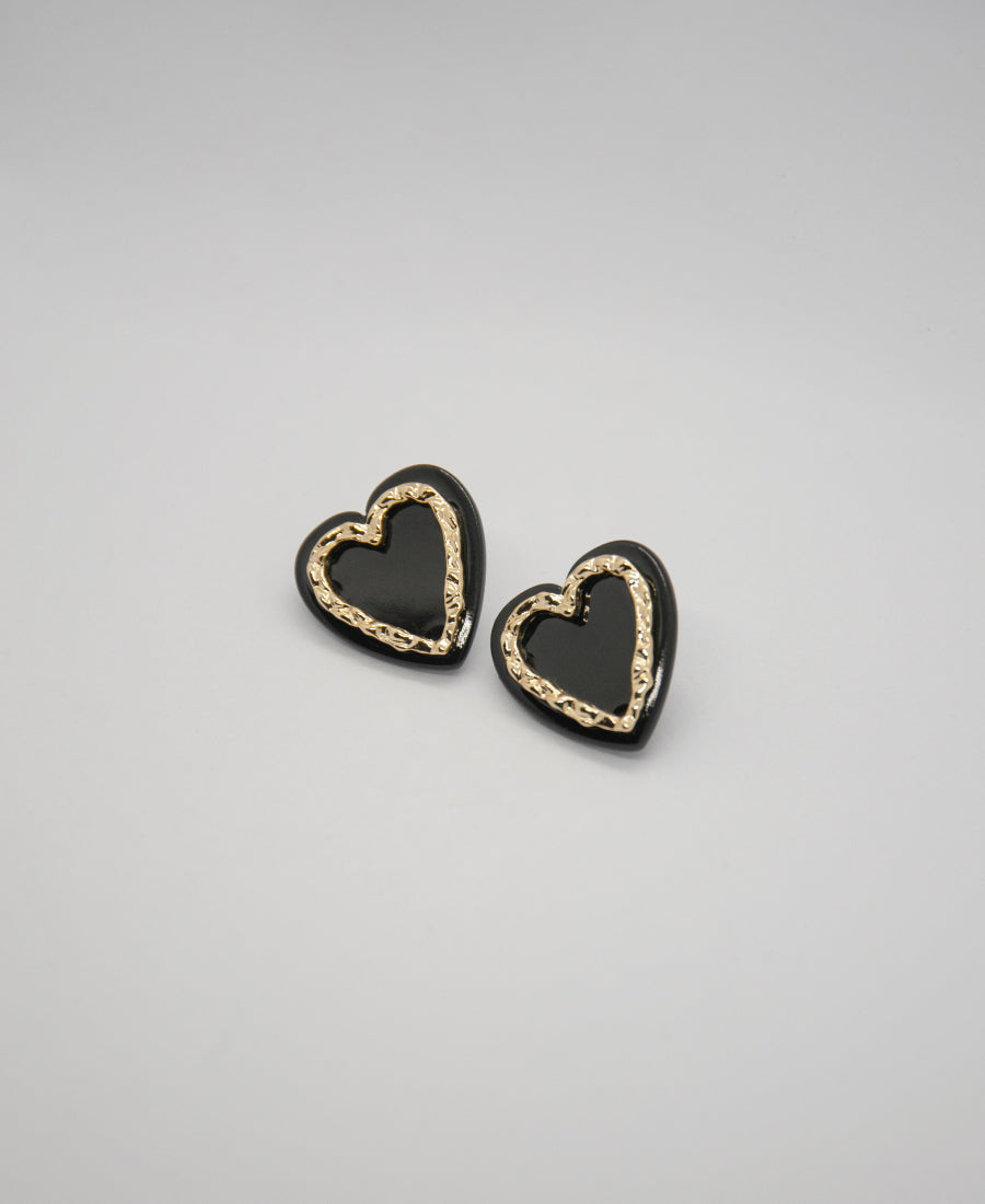 Boucles d'oreilles cœur émaillées noires et dorées - Amelia