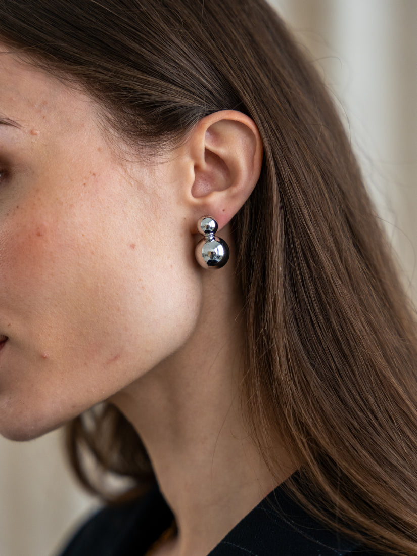Stainless Steel Double Spherical Earrings - Silver